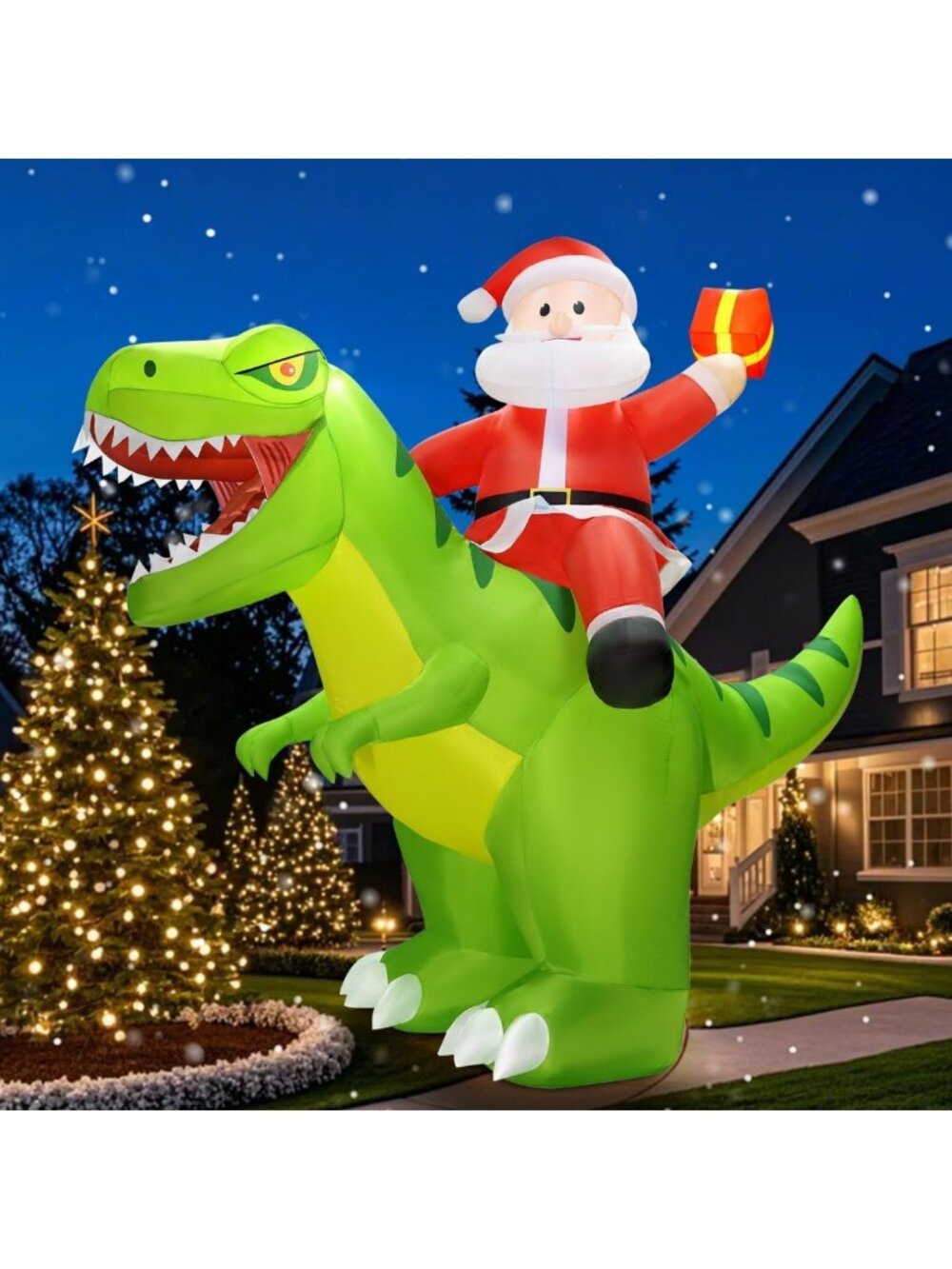 Giant Inflatable Christmas Decoration - Santa Riding Dinosaur with LED Lights
